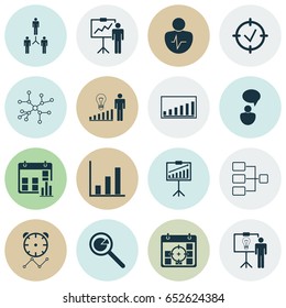 Executive Icons Set. Collection Of Project Targets, Report Demonstration, Personal Character And Other Elements. Also Includes Symbols Such As Goals, Network, Graph.