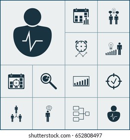 Executive Icons Set. Collection Of Project Analysis, Reminder, Presentation Date And Other Elements. Also Includes Symbols Such As Presentation, Idea, Improvement.