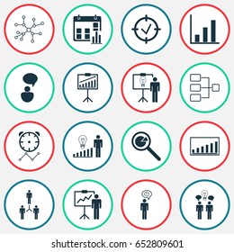 Executive Icons Set. Collection Of Solution Demonstration, Report Demonstration, Special Demonstration And Other Elements. Also Includes Symbols Such As Progress, Cooperation, Research.