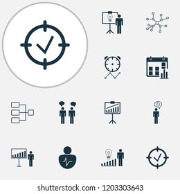 Executive icons set with communication, business demonstration, project goals and other report demonstration elements. Isolated vector illustration executive icons.