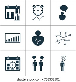 Executive Icons Set With Company Statistics, Presentation Date, Personal Character And Other Company Statistics Elements. Isolated Vector Illustration Executive Icons.