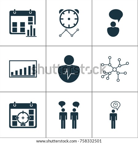 Executive Icons Set With Company Statistics, Presentation Date, Personal Character And Other Company Statistics Elements. Isolated Vector Illustration Executive Icons.