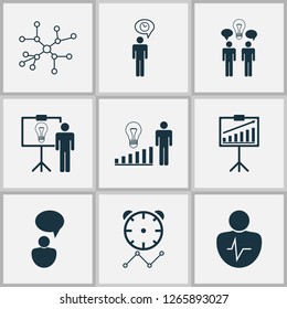 Executive icons set with management improvements, idea discussion, team brainstorming and other personal character elements. Isolated vector illustration executive icons.