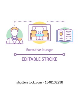 Executive lounge concept icon. Restaurant menu, interior. Alcohol bar. Drinks including idea thin line illustration. Hotel amenity. Barman, bartender, waiter. Vector isolated drawing. Editable stroke