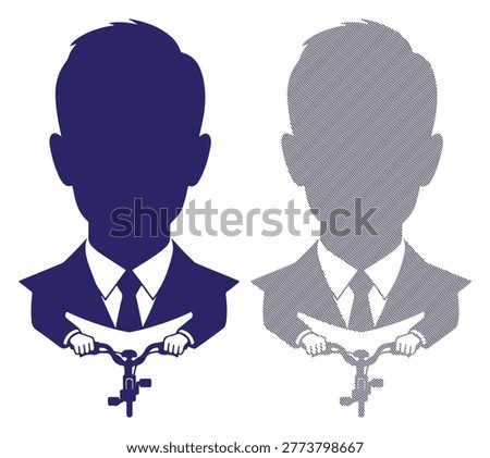 Executive man riding bicycle icon, male avatar in suit, active transport, corporate travel.