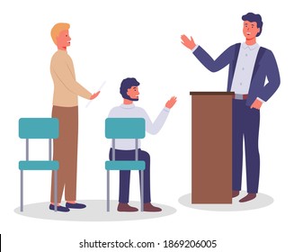 Executive man waving hand, greeting, talking from tribune to people, office worker in costume and colleagues. Businesspeople at conference. Men or colleagues gesturing hands. Businessmeeting concept