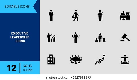 Executive management solid icon set highlighting c suite corporate operations business leadership strategy organizational structure and high level enterprise administration symbols