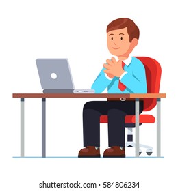 Executive manager, CEO or boss sitting at his clean desk with laptop computer smiling and holding hands together in raised steeple gesture of confidence. Modern flat style vector isolated illustration