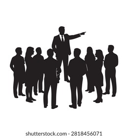 Executive manager directing workforce during briefing session. Corporate leadership concept depicting business person pointing to goal for team. Professional growth and guidance illustration for management training organizational development strategy and effective communication within workplace.