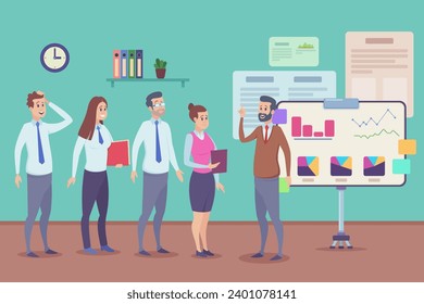 Executive manager having meeting with his subordinates vector illustration. Businessman giving presentation about economic performance, flipchart with diagrams beside him. Results, success concept