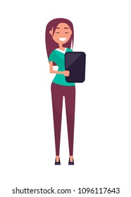 Executive manager isolated, professional employer with tablet, consultant elegant business woman pretty girl in formal wear vector illustration flat style