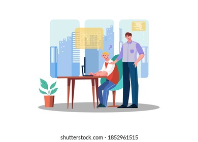 Executive manager mentor helping employee intern preparing online statistical report in office
