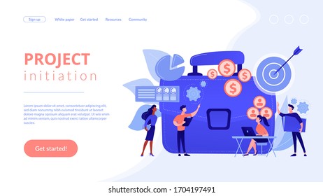 Executive manager planning and monitoring presentation. Project initiation, project initiation documentation, determine your goals concept. Website homepage landing web page template.