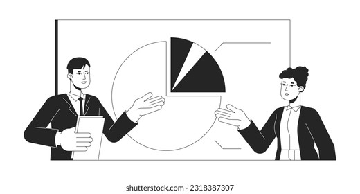 Executive meeting presentation bw concept vector spot illustration. Spokesman with coworker 2D cartoon flat line monochromatic characters for web UI design. Editable isolated outline hero image