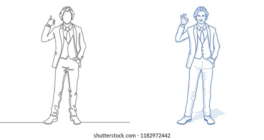 Executive men. Office workers. Business people. Continuous line drawing. One line drawing. Cartoon character in doodle sketch style. Vector illustration. 