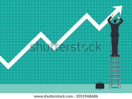 An executive, up on a ladder, holding a hammer and sticking an arrow upward on a graph