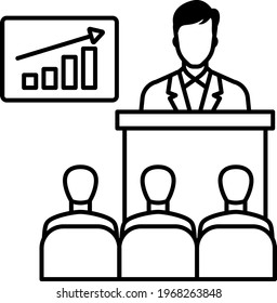 executive on rostrum wearing spectacles stock illustration, Trainer Giving the Presentation on Growth Concept, hrm sybmol , Presenter with Bar Graphs Vector Icon Design, Adult Education pictogram,