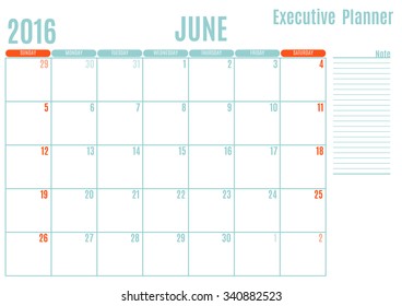 Executive Planning calendar new year on white background, June 2016, Week start Sunday, vector illustration