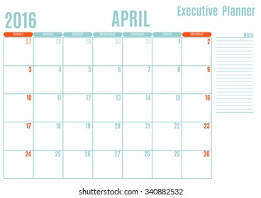 Executive Planning calendar new year on white background, April 2016, Week start Sunday, vector illustration