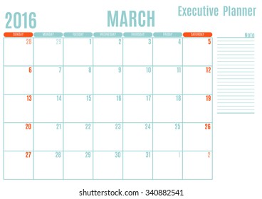Executive Planning calendar new year on white background, March 2016, Week start Sunday, vector illustration