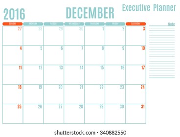 Executive Planning calendar new year on white background, December 2016, Week start Sunday, vector illustration