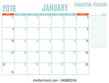 Executive Planning calendar new year on white background, January 2016, Week start Sunday, vector illustration