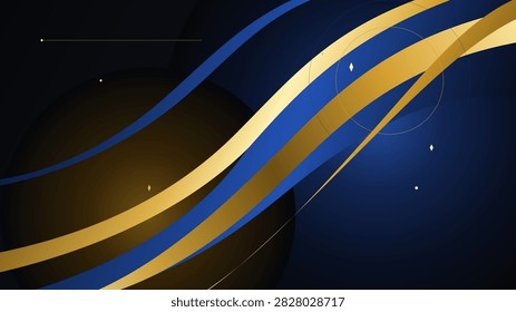 Executive presentation visual featuring luxury metallic ribbon waves and spacious framing. Gold, Sapphire and Ebony color theme.