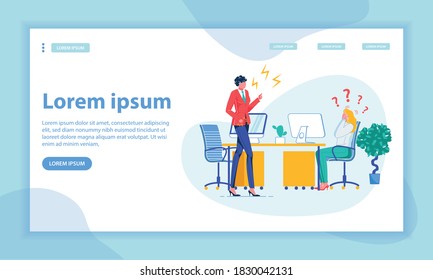 Executive Reprimand Landing Page Vektorvorlage. Regisseur Reproving Untergebenen, Chefberichterstatter Manager Gesichtslose Gesichtslose Zeichen. Startseite Layout für Personalbeziehungen, Arbeitsfehler und Boss-Rebuke