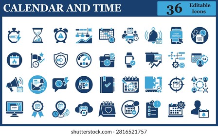 Executive Schedule Planning and Time Management Vector Glyph Collection Featuring Project Event Reminders, Business Timetable, Appointment Deadline, Stopwatch, and Agenda Symbols