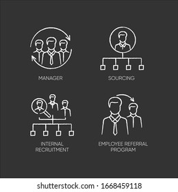 Executive search chalk white icons set on black background. Manager, sourcing, internal recruitment and employee referral program. Staff hiring strategies. Isolated vector chalkboard illustrations