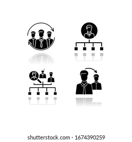 Executive search drop shadow black glyph icons set. Manager, sourcing, internal recruitment and employee referral program. Headhunting strategies. Isolated vector illustrations on white space