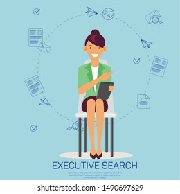 Executive Search Flat Cartoon Banner Vector Illustration. Woman with Tablet Sitting on Chair and Pointing with Finger. Open Vacancy. HR Manager in Recruitment Agency Analysing Resumes.
