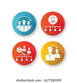 Executive search flat design long shadow glyph icons set. Manager, sourcing, internal recruitment and employee referral program. Staff hiring strategies. Silhouette RGB color illustration