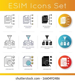 Executive search icons set. Linear, black and RGB color styles. Recruitment strategy, applicant tracking system and job analysis. Professional staff hiring. Isolated vector illustrations