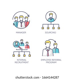 Executive search RGB color icons set. Manager, sourcing, internal recruitment and employee referral program. Professional headhunting strategies, staff hiring tactics. Isolated vector illustrations