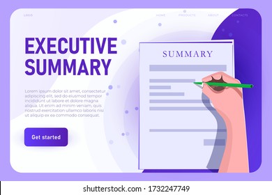 executive summary illustration concept, landing page template. Hand with pen signing the contract, hiring concept