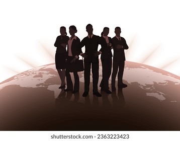 Executive team in silhouette on a world map HR global concept 