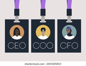 Executive Trio, Portraits of Leadership Badges at Corporate Summit, Three top executives with lanyards denoting their high-ranking titles in a professional setting