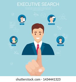 Executive Vacancy Flat Vector Banner Template. Choosing Suitable Top Manager, Relevant Skills. Cartoon Candidate, Applicant for Leading Position. Personnel, Staff Selection Infographics with Icons