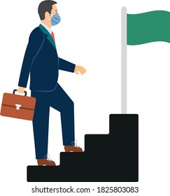 Executive walking up the stairs with flag, New normal Business character on white background, Investor wearing coronavirus prevention surgical face mask and pointing flag vector illustration design, 