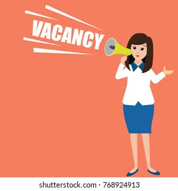 executive woman holding a megaphone announcing job vacancy