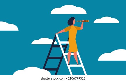 Executive woman looking telescope on ladder and business achievement female leader . Business guide and job inequality vector illustration concept. Future strategy employee people and career vision