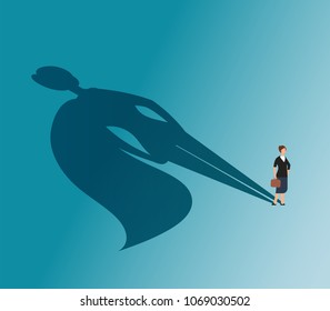 Executive woman with superhero shadow. Strong businesswoman and business victory vector concept. Woman superhero, female with cape, businesswoman leadership illustration