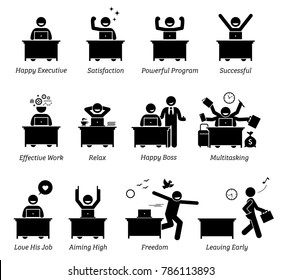 Executive working in an efficient office workplace. The worker is happy, satisfied, successful, and enjoying the works. The businessman feels relax, in control, and has freedom over his job. 