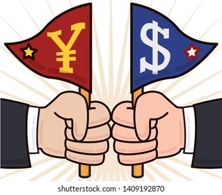 Executives with elegant sleeves holding pennants with yuan and dollar symbols representing the Trade War between China and U.S.A.