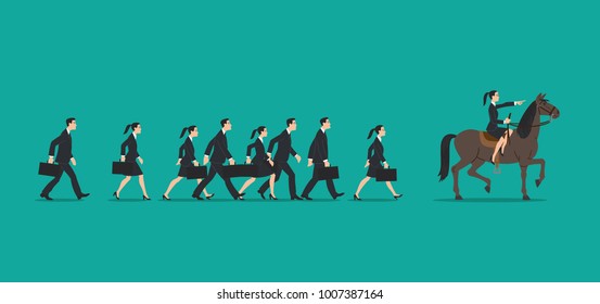 Executives in a row walking in the footsteps of their boss on horseback, who indicated the way forward. Vector illustration, cartoon style.