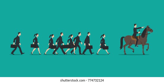 Executives in a row walking in the footsteps of their boss on horseback, who indicated the way forward. Vector illustration, cartoon style.