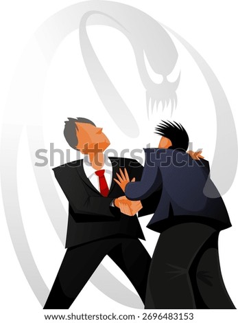 Executives shaking hands in unfair deal with ominous shadow