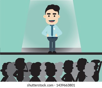 The executives standing on a stage to debate or Conference.