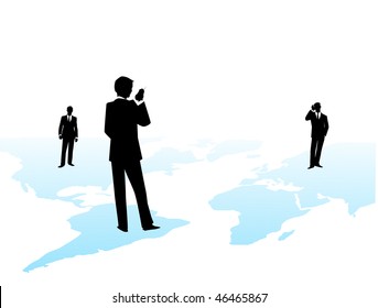 Executives standing on a world map talking on phone over a white background